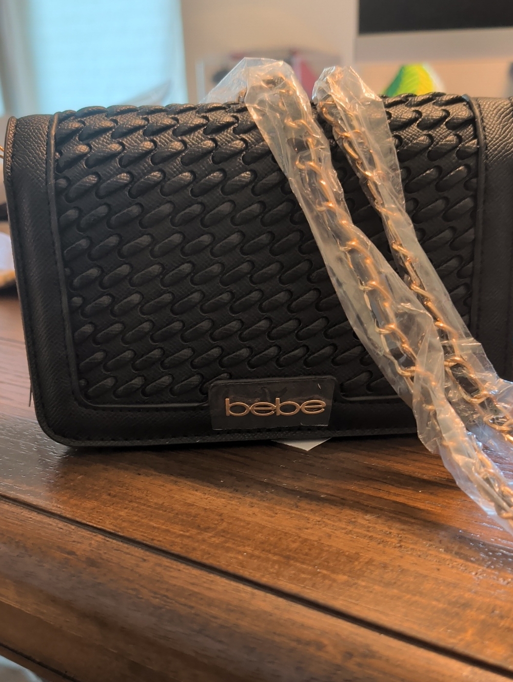 bebe Black Quilted Crossbody with Gold Chain / Leather Braided 19"  Strap